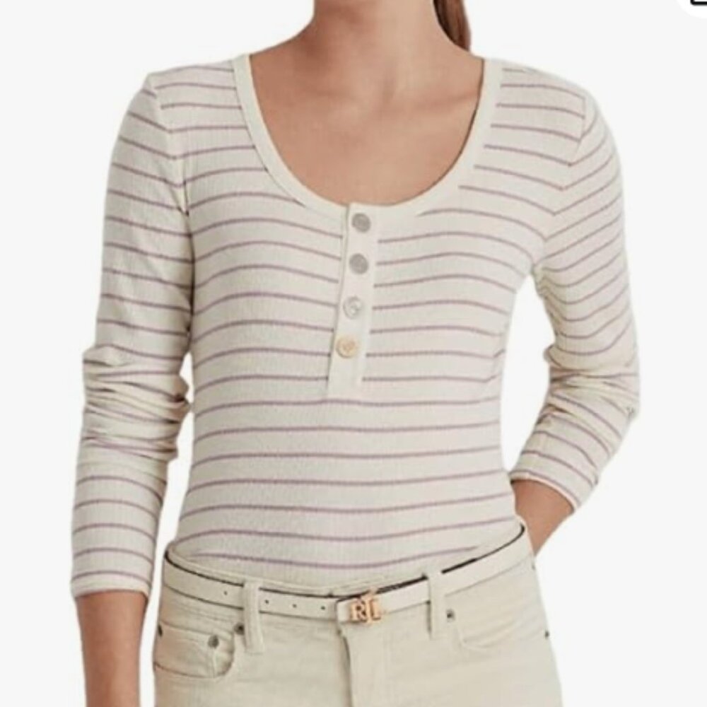 Lauren Ralph Lauren Women’s Striped Jersey Henley Top Cream/Scottish Primrose L